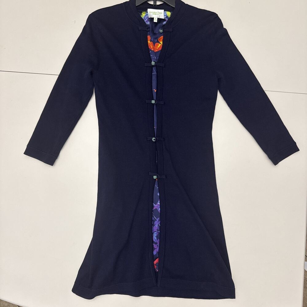 Shanghai Tang Navy Mulberry Silk Cotton Knit Coat Lined Cardigan Butterfly M